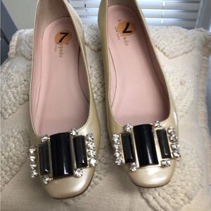 kate spade Gold Leather Flats with Black Crystal Buckles